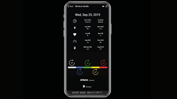 Body Bike Smart træningsapp viser workout-detaljer og Strava-upload for konditionstræning