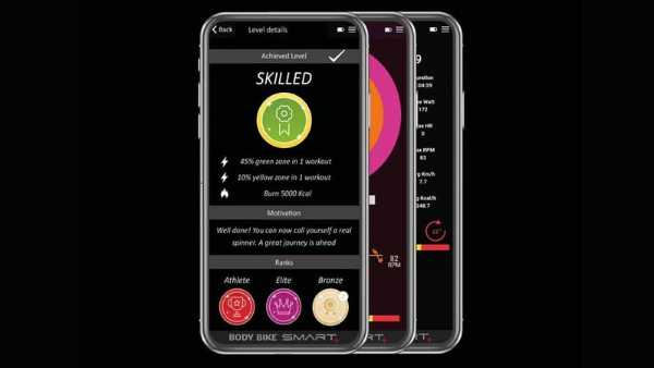 Body Bike Smart app med træningsniveau og mål for kondition og indendørs cykling