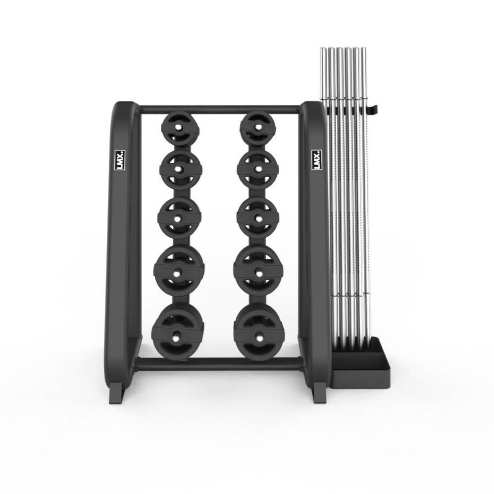 LMX. Studio Pump Rack med 11 sæt vægtstænger og vægtskiver til gruppetræning og fitnesscenter
